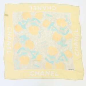 CHANEL Logo Flower Motif Silk Sheer Mini Scarf Yellow Women's